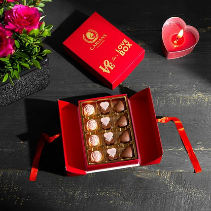 Carian’s Bistro Belgian Chocolate Gift Box of Love, Luxury Milk Chocolates with Strawberry and Hazelnut Cream, Great For Gift Giving, Christmas, Thanksgiving and Anniversary for Lovers, 12 pc.