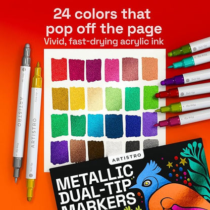 ARTISTRO 24 Metallic Acrylic Paint Markers for Rock, Fabric, Wood, Glass, Decoration - Dual-Tip Paint Pens for Coloring Books for Adults, Teens, Kids - Art and Craft Supplies Kit - Gift Idea