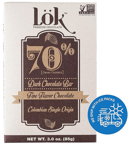 Lok Dark Chocolate Bar 70% Cacao | Fair Trade, Non GMO, Kosher, Gluten Free, Vegan, Bean-to-Bar, Paleo, Ethically Sourced Lök | 3.0 Ounce 6 Pack