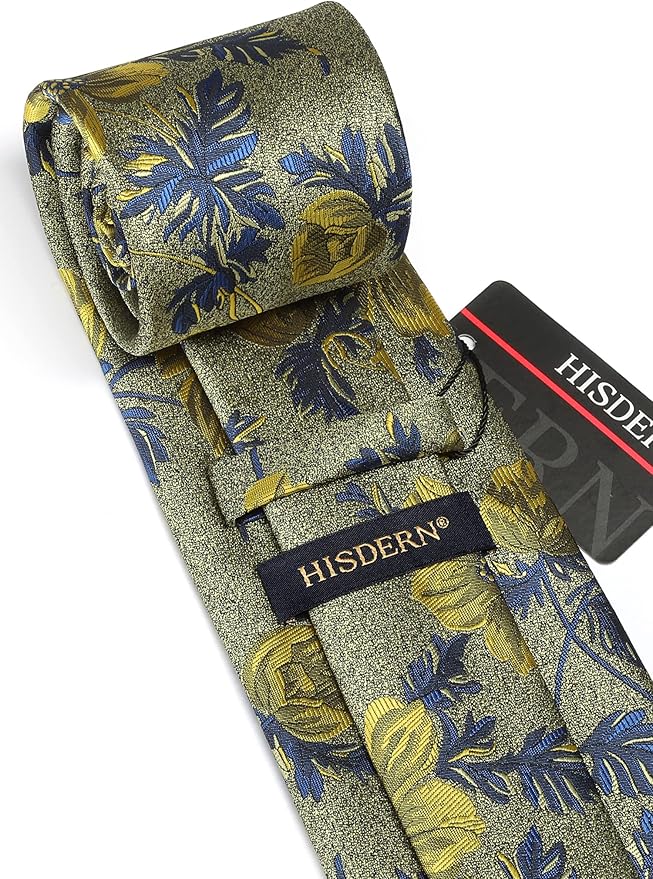 HISDERN Men Floral Ties Woven Classic 3.4" Necktie Set Formal Tie Pocket Square for Wedding with Handkerchief Gift Box