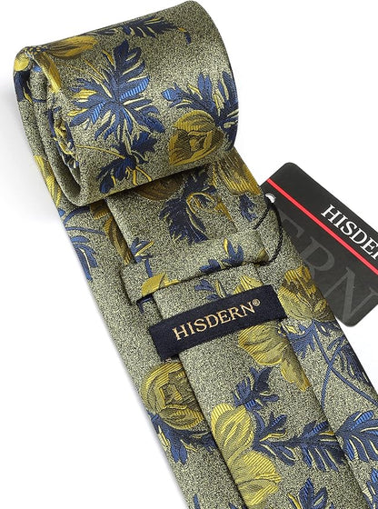 HISDERN Men Floral Ties Woven Classic 3.4" Necktie Set Formal Tie Pocket Square for Wedding with Handkerchief Gift Box