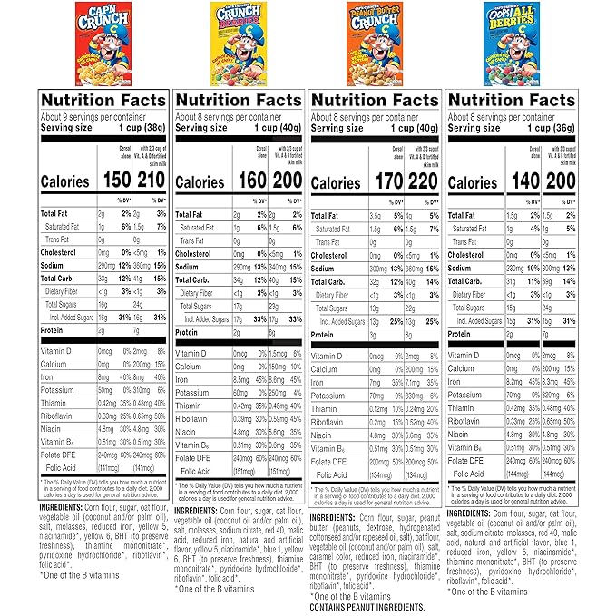 Quaker Cap'n Crunch Breakfast Cereal, 4 Flavor Variety Pack, (4 Pack), Sweetened Corn & Oat Cereal Original, Crunch Berries, Oops All Berries, Peanut Butter