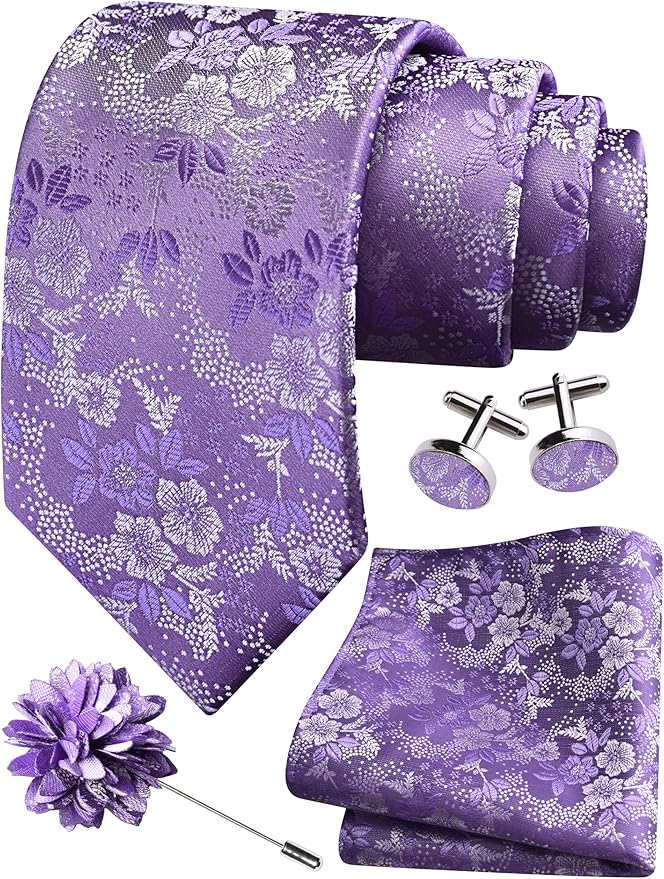 GUSLESON 3.15"（8cm） Mens Floral Tie and Lapel Pin Necktie Hankerchief Cufflinks Set for Men