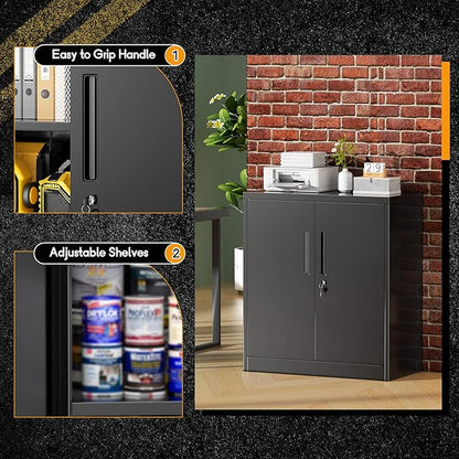 Greenvelly Metal Garage Storage Cabinet,36" Black Lockable Metal Cabinets with 2 Doors and Shelves,Storage Locking Counter Cabinet for Home Office,Garage,Kitchen,School