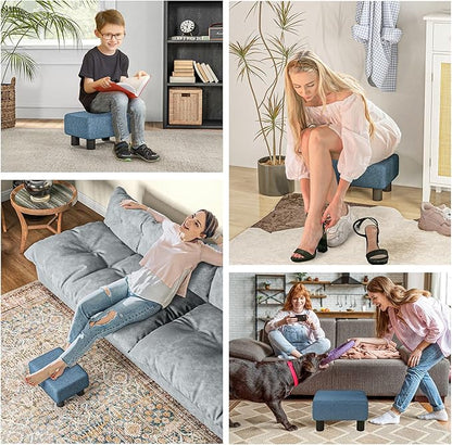 HOMCOM Ottoman Foot Rest, Small Foot Stool with Linen Fabric Upholstery and Plastic Legs, Cube Ottoman for Living Room, Blue
