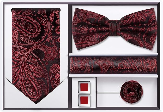 TIE G 5pcs Tie Set in WHITE OR BLACK GIFT BOX: Solid Color Necktie, Satin Bow Tie, Pocket Square, Lapel, Cuff Links