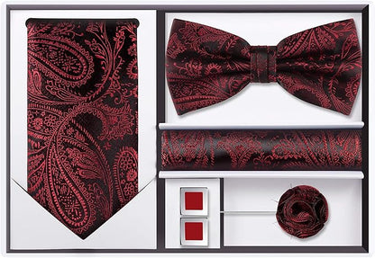 TIE G 5pcs Tie Set in WHITE OR BLACK GIFT BOX: Solid Color Necktie, Satin Bow Tie, Pocket Square, Lapel, Cuff Links