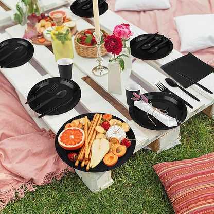 durony 350 Pieces Black Paper Dinnerware Set 7 Inch 9 Inch Disposable Dinner Plates Serve 50 Guests Paper Cup Cutlery Napkins Solid Color Party Supplies for Birthday Wedding Party Family Picnic