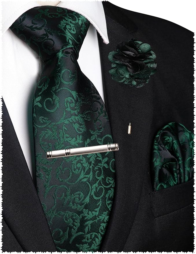 JEMYGINS Mens Floral Tie and Lapel Pin Necktie Pocket Square and Tie Clip with Sets for Business Casual 4PCS