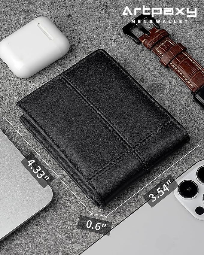 Mens Wallet Bifold Genuine Leather RFID Blocking Wallet for Men with 2 ID Windows 12 Card Holders 2 cash pockets 1 Gift Box