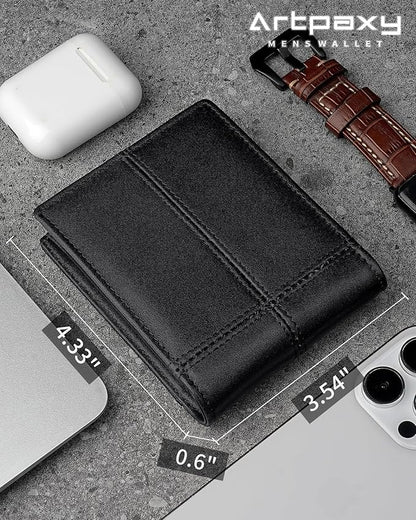 Mens Wallet Bifold Genuine Leather RFID Blocking Wallet for Men with 2 ID Windows 12 Card Holders 2 cash pockets 1 Gift Box