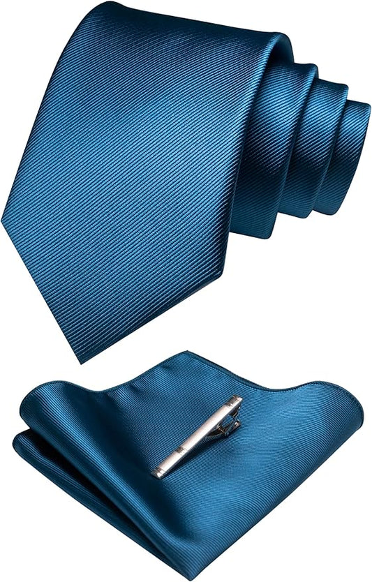 JEMYGINS Solid Color Formal Necktie and Pocket Square Tie Clip Sets for Men