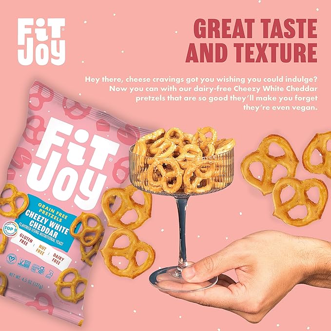 FitJoy White Cheddar Pretzels (Pack of 6, 4.5 Oz) - Dairy, Nut & Gluten Free Snacks - Grain Free Cassava Root & Chickpea Flour Vegan Pretzel Twists - Classic Snack Pretzels for Moms and More