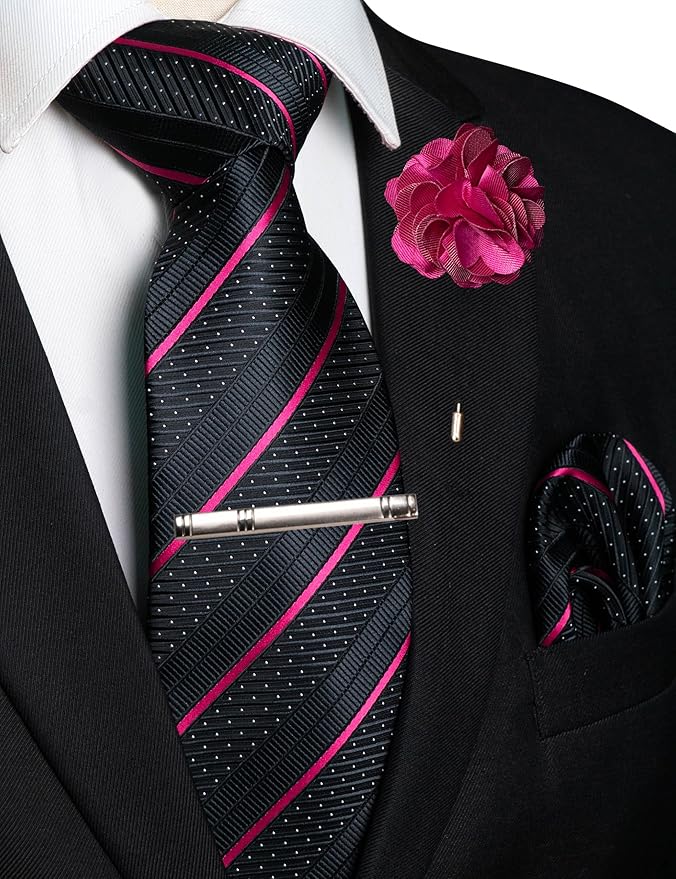 JEMYGINS Mens Striped Tie and Lapel Pin Necktie Pocket Square with Tie Clip Sets for Business Casual 4PCS