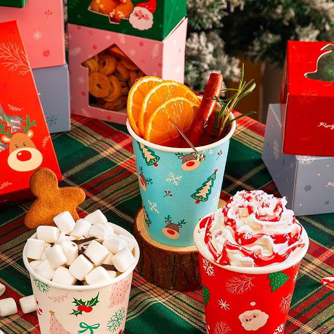 Fit Meal Prep 50 Pack 12 oz Christmas Disposable Coffee Cups, Premium Christmas Paper Cups for Hot/Cold Beverages, Xmas Party Cups for Kids, Adult, Party, Holiday