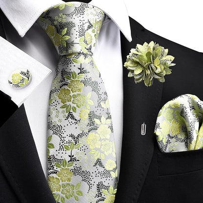 GUSLESON 3.15"（8cm） Mens Floral Tie and Lapel Pin Necktie Hankerchief Cufflinks Set for Men