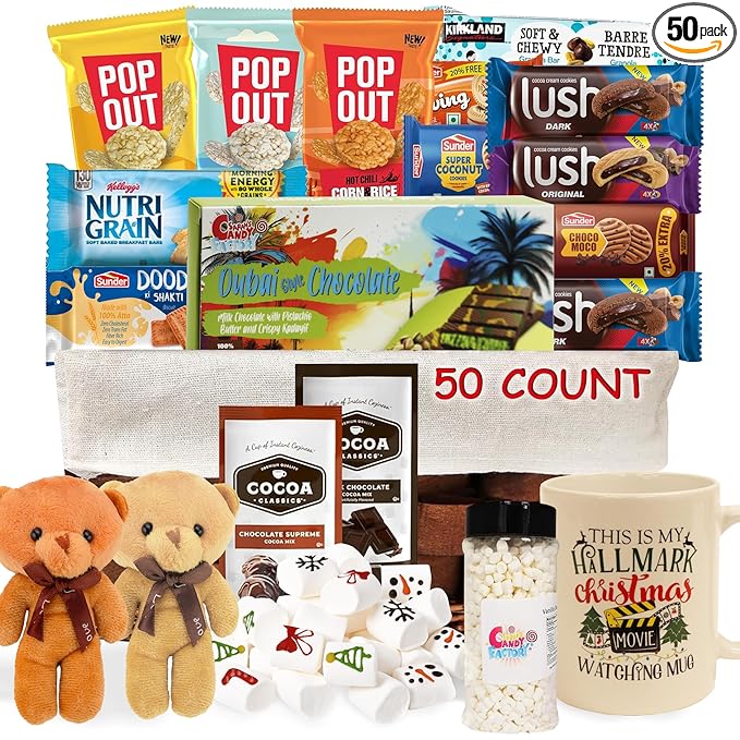 Christmas Gift Set Basket 50 Count, Includes Dubai Chocolate 200 g, Vanilla Marshmallow in Jar, Hot Cocoa Toppings, Cookies, Snacks, Two Teddy Bears and Christmas Mug, Holiday Party Favors or Gift Basket for Friends Students