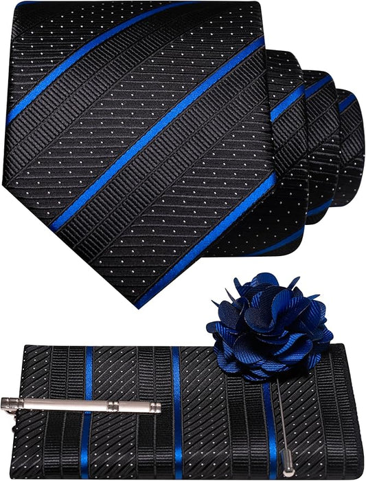 JEMYGINS Mens Striped Tie and Lapel Pin Necktie Pocket Square with Tie Clip Sets for Business Casual 4PCS