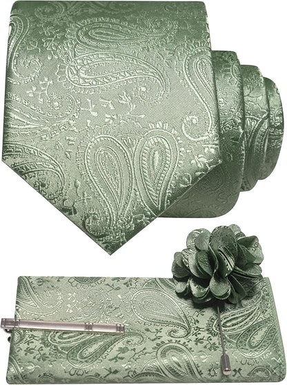 JEMYGINS Mens Paisley Tie and Lapel Pin Necktie Pocket Square and Tie Clip with Sets for Business Casual 4PCS