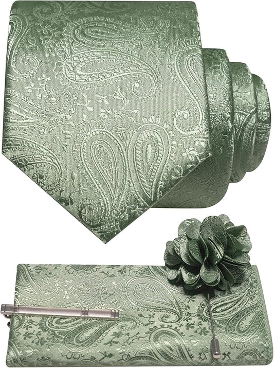 JEMYGINS Mens Paisley Tie and Lapel Pin Necktie Pocket Square and Tie Clip with Sets for Business Casual 4PCS