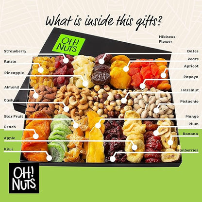 Oh! Nuts Dried Fruit and Nut Gift Basket - XL19 Variety Gourmet Assorted Fruits and Nuts Gift Baskets - Holiday Gift Box - Food Snack Box for Birthday, Corporate - Gift for Men, Women