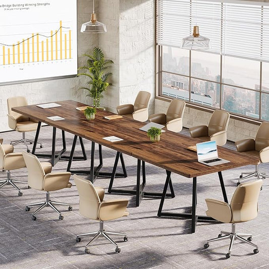 Tribesigns 31.5" Square Conference Table Set of 4, 10 ft Industrial Office Meeting Table for 8-10 People, Business Podcast Furniture with Metal Base for Small Spaces, Office Conference, Brown & Black