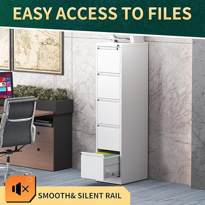 5 Drawer File Cabinet with Lock, Steel Vertical Filing Storage Cabinet for Home Office, Heavy-Duty File Cabinets for Letters/Legal/A4 (Require Assembly, White)