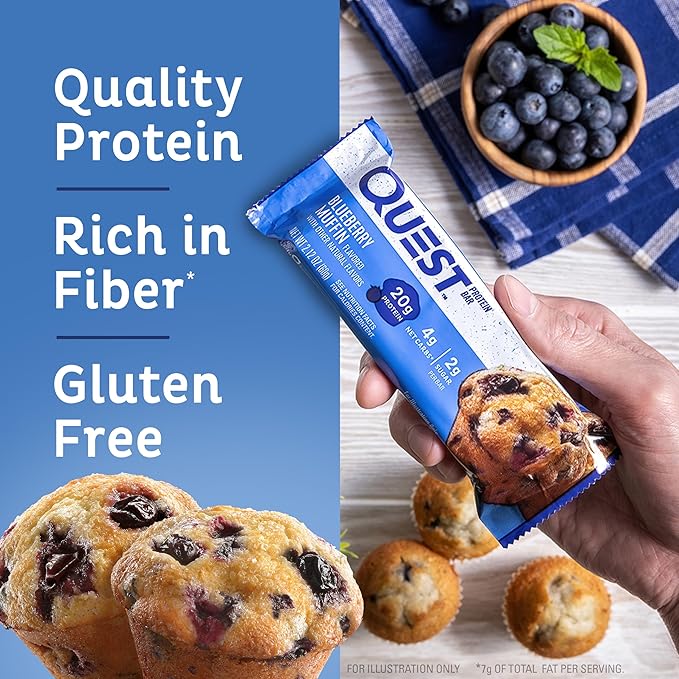 Quest Nutrition Blueberry Muffin Protein Bars, 20g Protein, 2g Sugar, 5g Net Carb, High Fiber, Gluten Free, Keto Friendly, 12 Count
