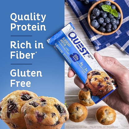 Quest Nutrition Blueberry Muffin Protein Bars, 20g Protein, 2g Sugar, 5g Net Carb, High Fiber, Gluten Free, Keto Friendly, 12 Count