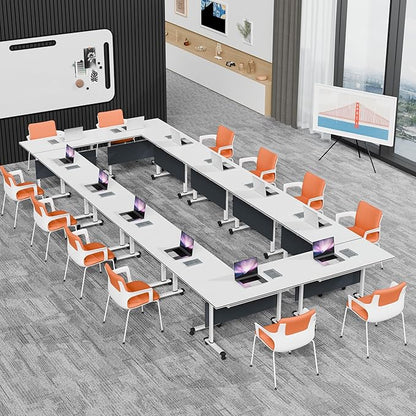 Conference Room Table, 55 Inch Folding Conference Tables with Wheels, Modern Office Meeting Table, Easy Flip & Nest Design, Rectangular Seminar Tables with Metal Frame for 2-24 People(G 2PCS)