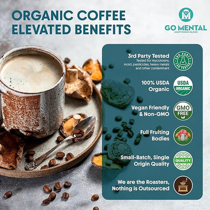 Organic Lion's Mane and Chaga Mushroom Coffee Dark Roast, Full Fruiting Bodies, For Enhanced Brain Function, Immune Support, Wellbeing, Grade 1 Single Origin Peruvian, 12oz - Ground (2 Pack)
