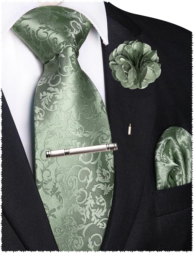 JEMYGINS Mens Floral Tie and Lapel Pin Necktie Pocket Square and Tie Clip with Sets for Business Casual 4PCS