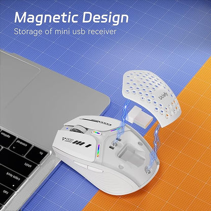 Uciefy Bluetooth Wireless Mouse, (BT5.0/5.1+2.4GHz) USB C Rechargeable LED Mouse Battery Level Visible, Honeycomb Magnetic Shell Cover with USB Receiver & Type-C Adapter for Laptop/PC/Mac/iPad-White