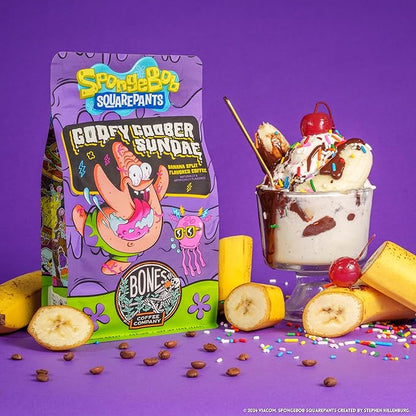 Bones Coffee Company Spongebob Goofy Goober Sundae, Banana Split Flavored Coffee, Medium Roast Low Acid Arabica Beans Compatible with Auto drip and French Press Coffee Maker, 12 Oz Ground