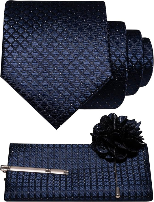 JEMYGINS Mens Solid Color Plaid Tie and Lapel Pin Necktie Pocket Square and Tie Clip with Sets for Business Casual 4PCS