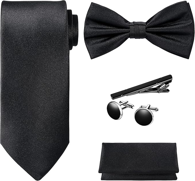 TIE G 5pcs Tie Set in WHITE OR BLACK GIFT BOX: Solid Color Necktie, Satin Bow Tie, Pocket Square, Lapel, Cuff Links