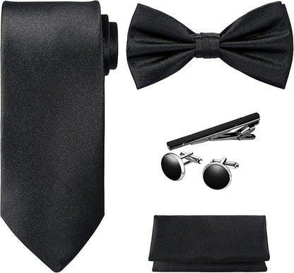 TIE G 5pcs Tie Set in WHITE OR BLACK GIFT BOX: Solid Color Necktie, Satin Bow Tie, Pocket Square, Lapel, Cuff Links