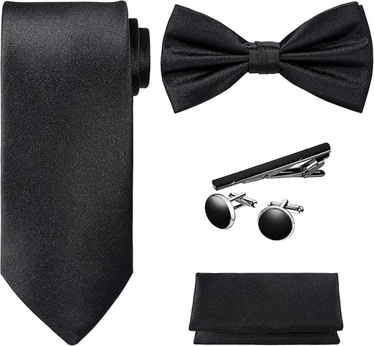 TIE G 5pcs Tie Set in WHITE OR BLACK GIFT BOX: Solid Color Necktie, Satin Bow Tie, Pocket Square, Lapel, Cuff Links