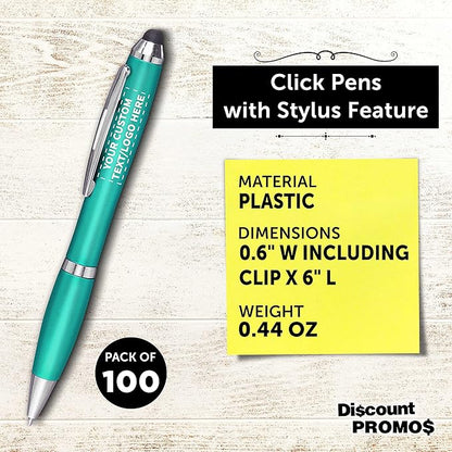 DISCOUNT PROMOS Custom Plastic Stylus Pens Set of 100, Personalized Bulk Pack - Black Ink, Great for Office, School, Business, Tradeshows, Events - Teal
