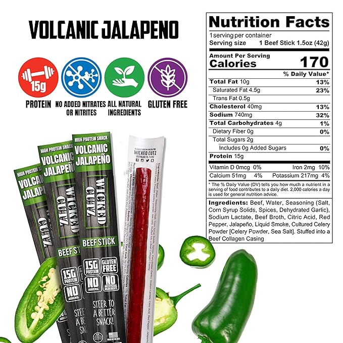 Wicked Cutz Volcanic Jalapeno Spicy Beef Sticks, Tender, Flavorful, Extra Large, Hot Beef Jerky Sticks with 15g of Protein Per Meat Stick, Gluten Free, High Protein, Healthy Snacks for Adults (12 Total)