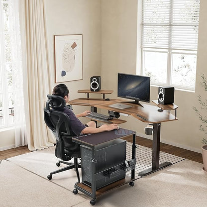 EUREKA ERGONOMIC PC Stand Computer Cart, Height Adjustable Tower Stand 2-Tier Suit for ATX Case Printer, Metal Rolling Cart on Wheels for Gaming Home Office, Walnut