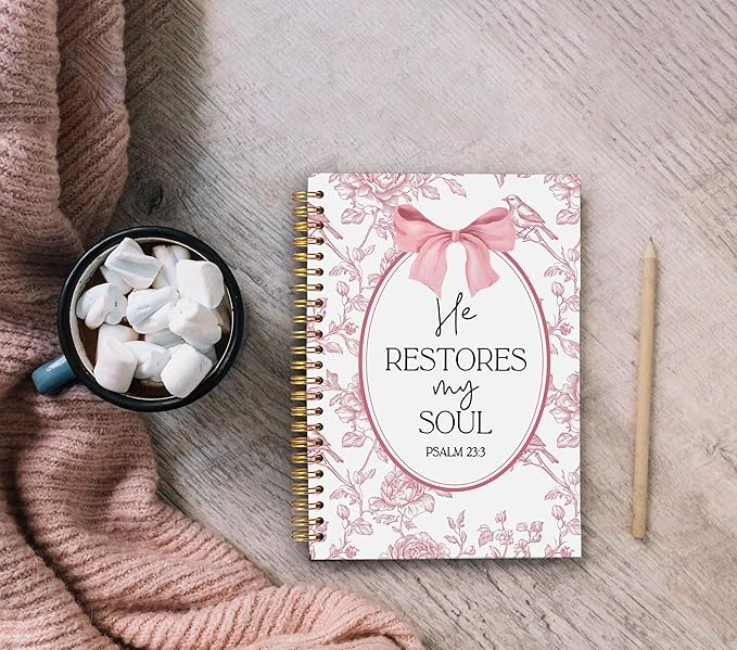Christian Notebook for Women, Christian Art Gifts Journal, Prayer Journal for Women, Bible Journaling Notebook, PSALM 23:3 He Restores My Soul Floral Spiral Notebook 5.5x8.3