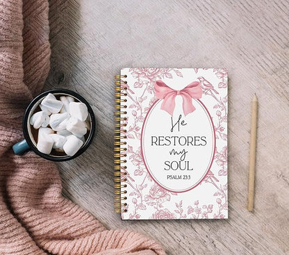 Christian Notebook for Women, Christian Art Gifts Journal, Prayer Journal for Women, Bible Journaling Notebook, PSALM 23:3 He Restores My Soul Floral Spiral Notebook 5.5x8.3