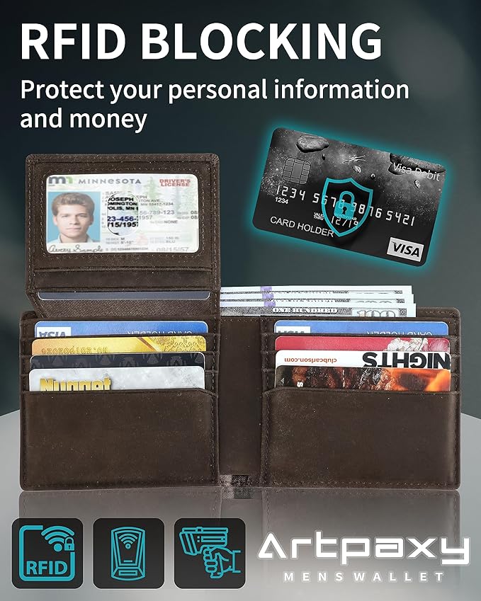 Mens Wallet Bifold Genuine Leather RFID Blocking Wallet for Men with 2 ID Windows 12 Card Holders 2 cash pockets 1 Gift Box