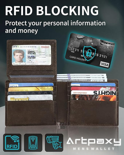 Mens Wallet Bifold Genuine Leather RFID Blocking Wallet for Men with 2 ID Windows 12 Card Holders 2 cash pockets 1 Gift Box