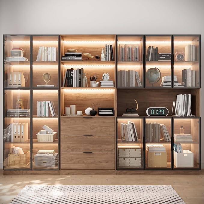 78.7" Walnut Display Cabinet with 3 Drawers, 3 -Tier Storage Cabinet with LED Lights, Tall Bookcasse Storage Cabinet, LED Display Case for Collectible, Living Room, Office, Kitchen