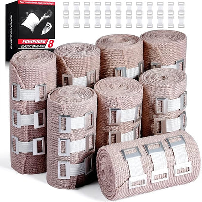 FRESINIDER Elastic Bandage Wrap 8 Pack(4 X 3 + 4 X 4 Wide Rolls) + 48 Clips | Stretch Compression Bandage Stretches up to 15ft | Ideal for Medical, Sports, Sprains, Calf, Ankle & Foot