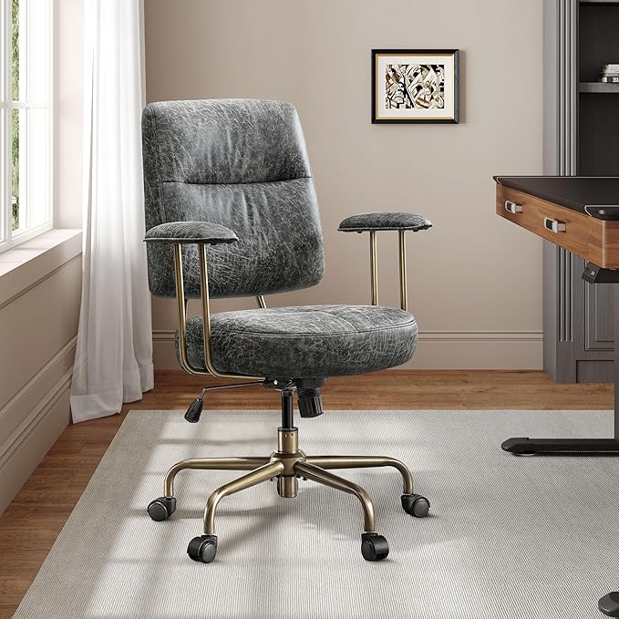 EUREKA ERGONOMIC Becky Home Office Desk Chairs Leather, Comfy Office Chair with Lumbar Support and Arms, Mid-Back, Comfortable Thick Cushion, Height Adjustable, Mid-Century Modern, Gary