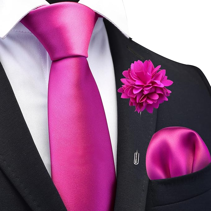 Branduce 3.15"（8cm） Pre-tied Adjustable Zipper Tie and Lapel Pin Solid Necktie Handkerchief Set for Men