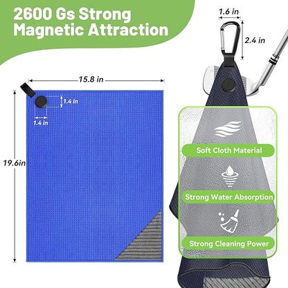 2 Pack Magnetic Golf Towel for Golf Bags with Clips, Wire Cleaning Cloth, Ultra Absorbent Microfiber, Waffle Pattern Towel with Magnet for Men Women, Accessories for Carts or Clubs